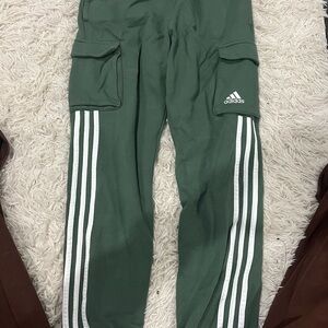 Adidas Green and White Joggers with Signature Stripes
